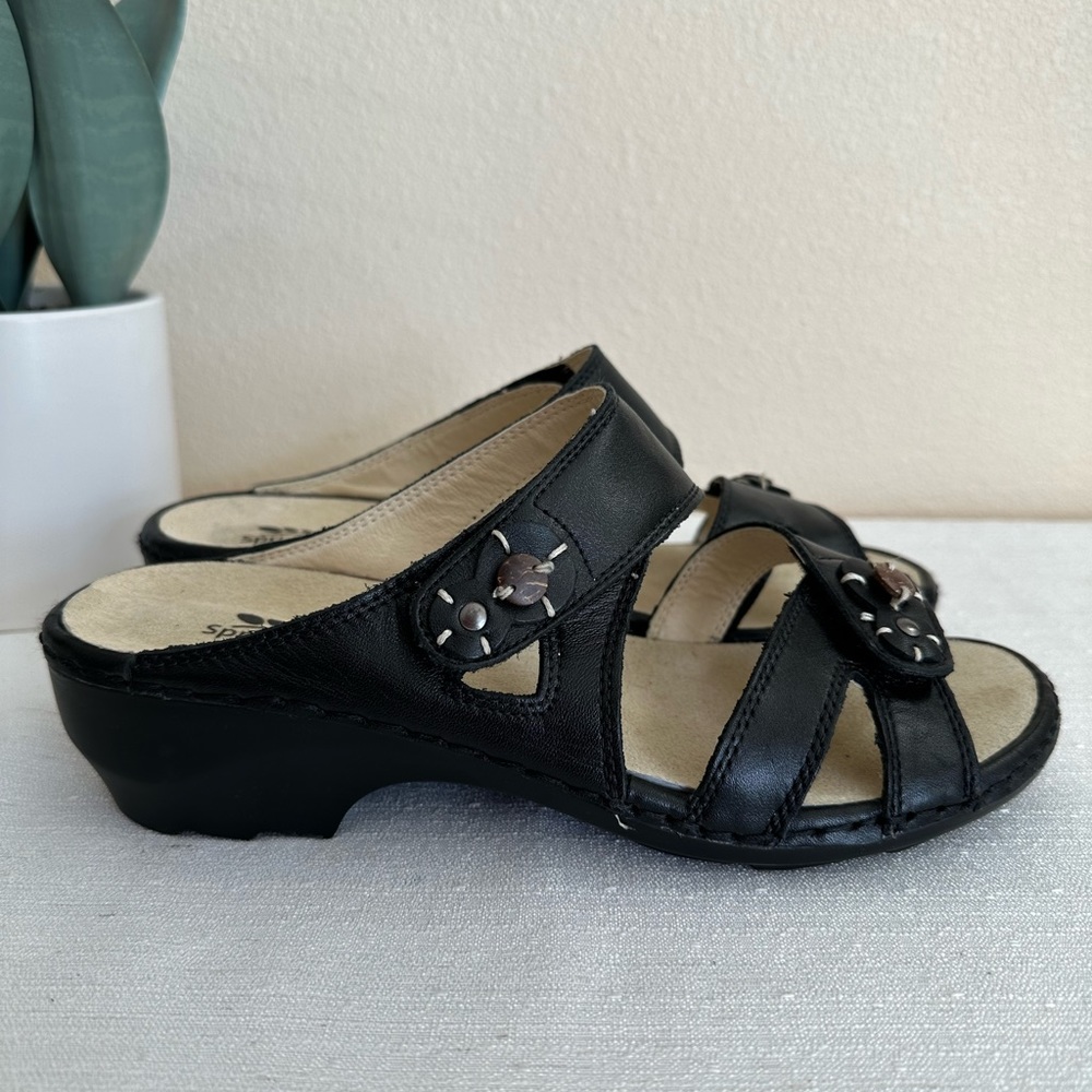 Spring Step Amina Black Leather Wedge Comfort Slide Sandals Woman’s EU38 US7.5-8